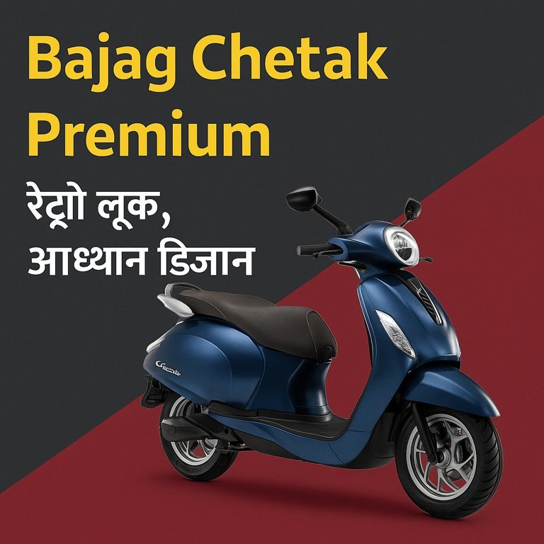 बजाज चेतक प्रीमियम इलेक्ट्रिक स्कूटर का चित्र, नीले रंग में रेट्रो लुक और आधुनिक डिजाइन के साथ।