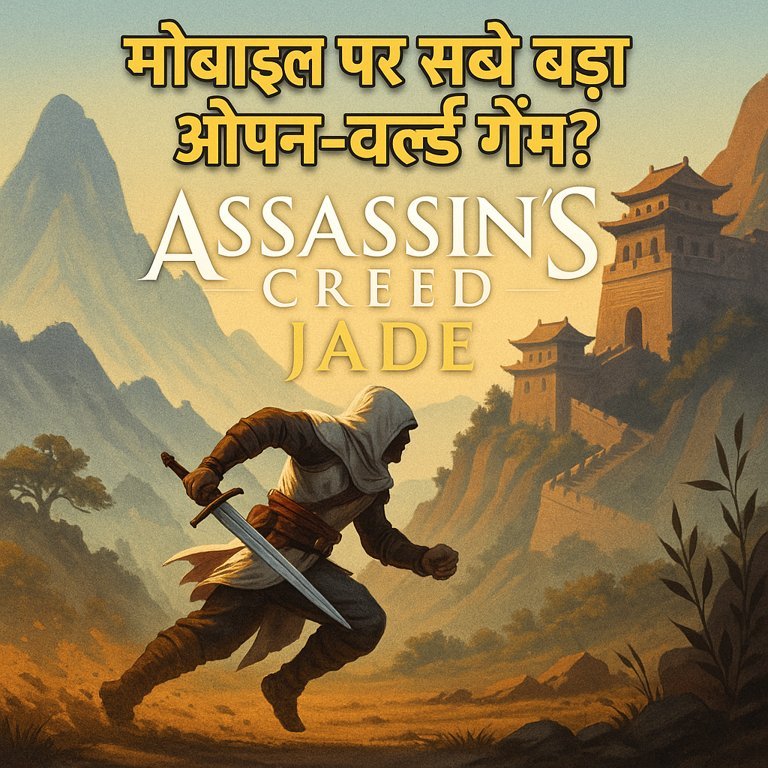Assassin's Creed: Jade के पोस्टर में एक हत्यारा तलवार लेकर पहाड़ी रास्ते से चीनी किले की ओर दौड़ता हुआ दिख रहा है, ऊपर टेक्स्ट में लिखा है "मोबाइल पर सबसे बड़ा ओपन-वर्ल्ड गेम?