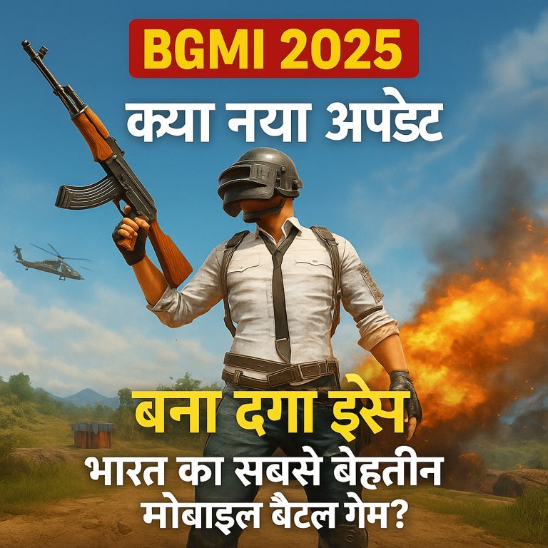 BGMI 2025 के पोस्टर में एक हेलमेट पहने खिलाड़ी एक्शन पोज़ में दिख रहा है, पीछे हेलिकॉप्टर और धमाका है, टेक्स्ट में नया अपडेट और बैटल गेम का ज़िक्र है।