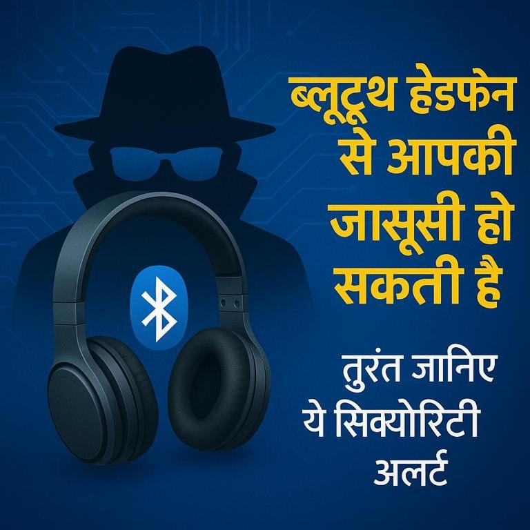 ब्लूटूथ हेडफोन के जरिए जासूसी की चेतावनी देने वाला एक ग्राफिक जिसमें एक हेडफोन, ब्लूटूथ सिंबल और सुरक्षा अलर्ट का संदेश दिखाया गया है।