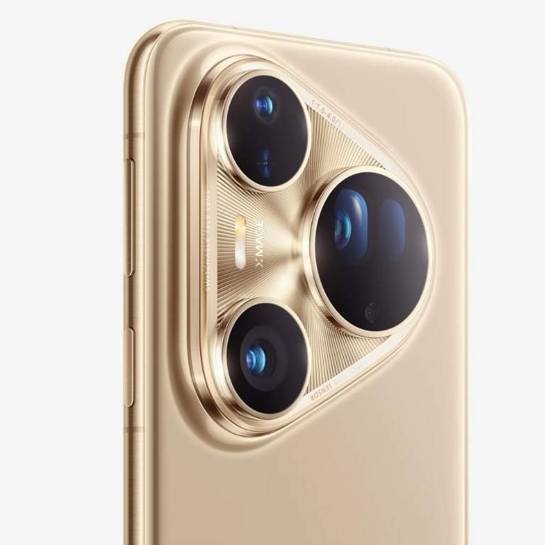 Huawei Pura 80 Ultra smartphone showcasing its triple rear camera setup, curved OLED display, and premium gold-black design—highlighting its 2025 flagship features.