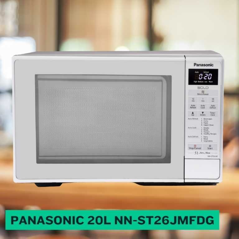 Panasonic 20L Solo Microwave Oven NN-ST26JMFDG on a wooden countertop in a modern kitchen, perfect for compact cooking and reheating in Indian homes.