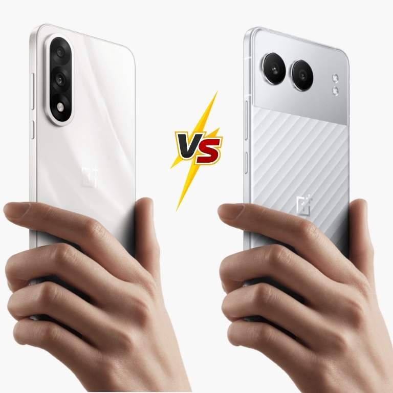 OnePlus Nord 5 and Nord 4 shown side by side highlighting sleek rear camera design and build quality—visual comparison of latest OnePlus Nord smartphones.