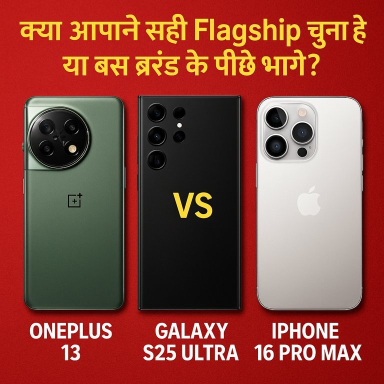 तीनों फ्लैगशिप फोनों की तुलना – OnePlus 13, Galaxy S25 Ultra और iPhone 16 Pro Max के डिज़ाइन और ब्रांड पर आधारित आकर्षक विज़ुअल तुलना।