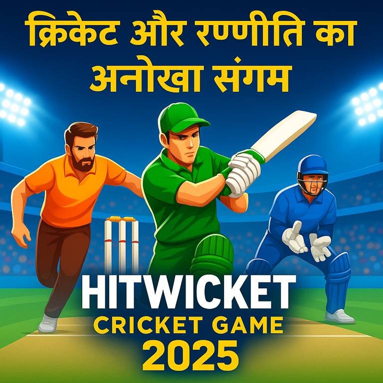Hitwicket Cricket Game 2025 का प्रमोशनल चित्र जिसमें बल्लेबाज़, गेंदबाज़ और विकेटकीपर एक स्टेडियम में एक्शन मोड में दिखाए गए हैं।