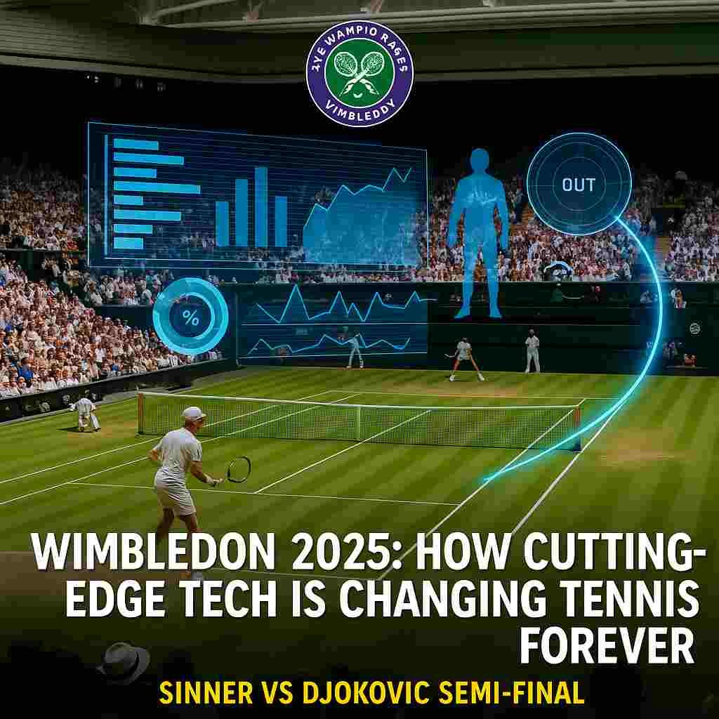 Wimbledon 2025 final between Sinner and Djokovic with Hawk-Eye, AI analytics, and AR overlays showing how technology is redefining modern tennis.